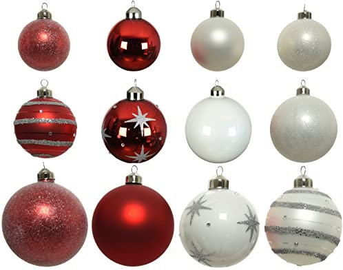 mgc24 Weihnachtskugeln weiß/rot, Weihnachtsdeko Christbaumkugeln Ø 7/8/10 cm aus Glas mit Aufhänger, 12 Stück