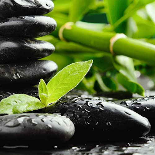 Tableau zen vert & noir | Tableau salle de bain japonais avec bambou & galets | Tableau sur toile carré vert pour couloir & chambre