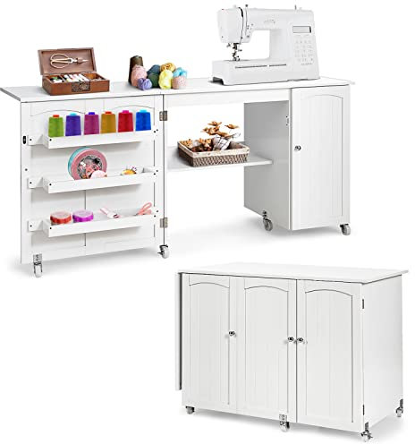 COSTWAY 2 in 1 Nähtisch Nähschrank klappbar, Basteltisch mit Arbeitsplatte & Ablagen & Türschrank, Mobiler Schreibtisch mit abschließbaren Rollen, Nähmaschinentisch Nähmöbel, 158x50x75cm (Weiß)