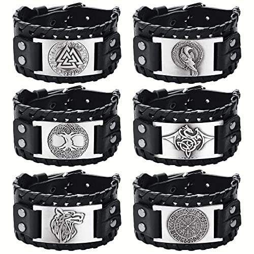 Finrezio Wikingerarmband für Herren, Punk, breit, Wikinger-Schmuck, nordisches Armband mit Kompass, Runen – keltischer heidnischer Schmuck, 6 Stück, One Size, Metall