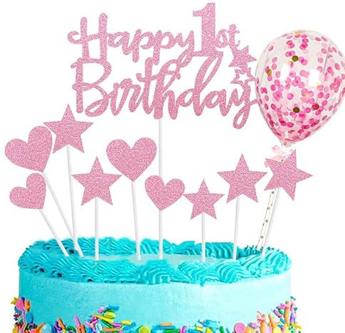 Personalised Happy Birthday Cake Toppers - Pink for Baby Girl, Glitter Cupcake Toppers, 11p, 1st Birthday Cake Decorations