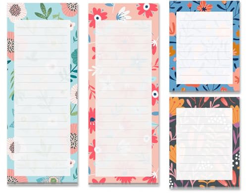 Magnetic Notepads for Refrigerator, 4-Pack Grocery List Magnet Pad for Fridge, to-Do List, Reminders, Scratch Pads, Cute Floral Designs, 60 Sheets Per Pad