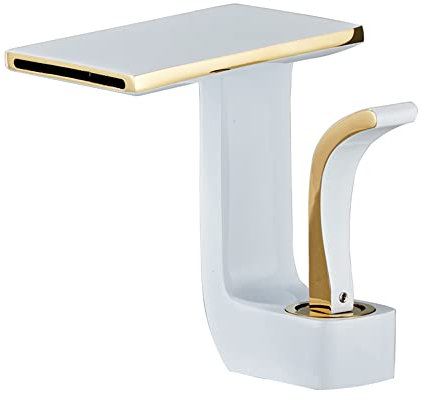 SJQKA Wasserfall Wasserhahn Bad,Wasserfall Waschtischarmatur Wasserhahn Bad Aus Erstklassigem Messing,wasserfall Einhandmischer Für Bad Badezimmer Waschbecken (Weiß+Gold)