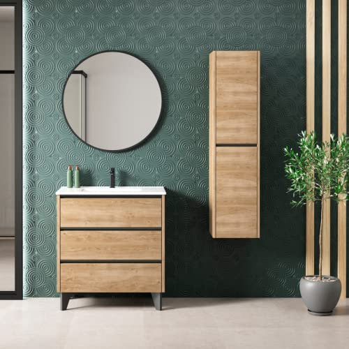Mueble de Baño al Suelo | Lavabo Cerámico Fondo Reducido Siena | Mueble Baño con Patas Fondo Reducido 3 cajones con Cierre Amortiguado y Organizador | Roble Natural Tirador Negro | 80cm