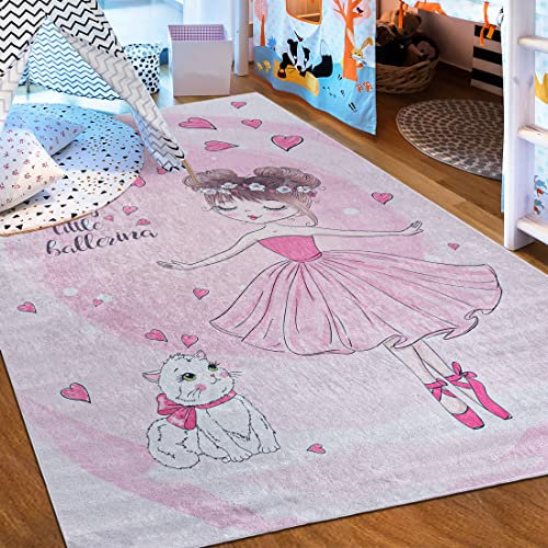 Mazovia Kinderzimmerteppich Antirutsch - Waschbar bis 30 Grad - Ballett Ballerina - Kurzflor Kinderteppich Teppich für Kinderzimmer - ÖKO-TEX - Teppiche Mädchen Rosa Pink 140 x 200 cm