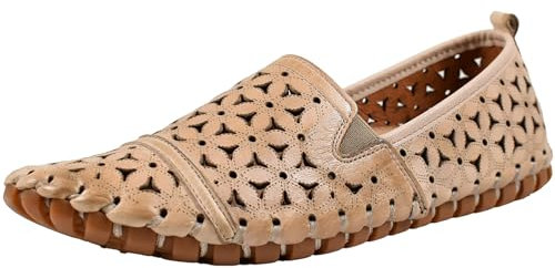 Gemini Damen Slipper Leder Mokassin floral Blumen Cutouts 031174-02, Größe:37 EU, Farbe:Beige