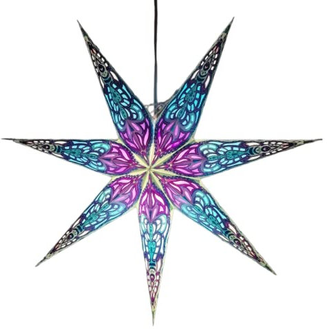 YEPSIO Papierstern-Laterne Lampenschirm – 7-zackige Stern-Lampenschirme, groß, 60 cm, glitzernd, blau, mehrfarbig, hängende Dekorationen für Weihnachten, Hochzeit, Heimdekoration, Geburtstagsfeier