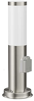 ledscom.de Borne d'éclairage PORU avec prise de courant pour l'extérieur, inox, rond, 38,5cm, incl. Smart Home RGBW E27 lampe LED, 892lm