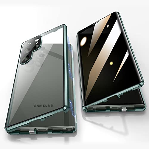 Jonwelsy Anti Peeping Hülle für Samsung Galaxy S23 Ultra, 360 Grad Schutz Case, Privatsphäre Gehärtetes Glas Anti-Spähen Cover, Stark Magnetische Adsorption Metallrahmen Handyhülle (Grün)