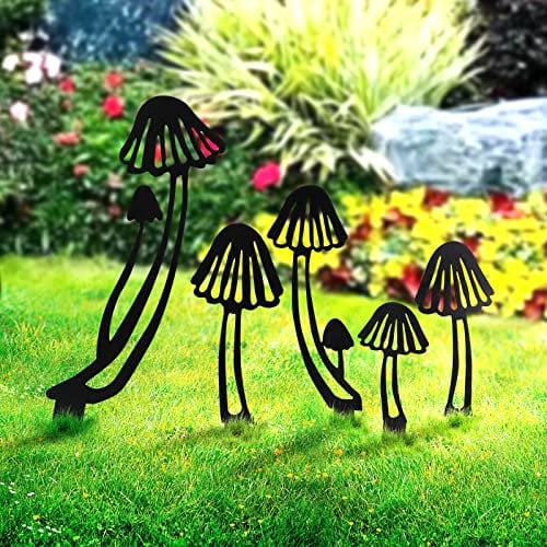 KOLYMAX 5PCS Metal Mushroom Yard Art Garden Decorative Stake, Hollow Out Silhouette Statue Decor, Family Sets for Pathway, Floor, Lawn, Outdoor Decoration
