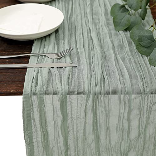 Tischläufer Eukalyptus Dekostoff,90 x 300 extra Langer Tischläufer Gaze Rustikal Tischläufer Käsetuch Waschbar,Table Runner Hochzeitsdeko Tisch, für Hochzeit Braut Geburtstag Dusche Party (Grün)