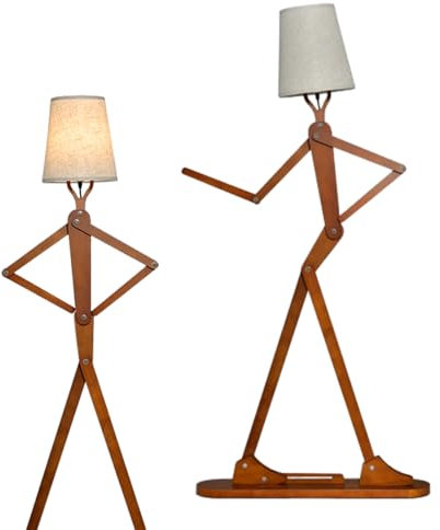 COSTWAY Lampadaire Bois de Caoutchouc Humanoïde Créatif, Lampadaire sur Pied Articulations Réglables, Abat-jour en Tissu Changeable et Interrupteur au Pied pour Salon Chambre à Coucher