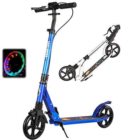 Bueuwe Big Wheel Scooter, City Roller Kinder 5 Jahre, Tretroller Erwachsene 150 kg Tragkraft, Klappbar Höhenverstellbar Cityroller, LED Räder, Handbremse, Aluminium,Blau