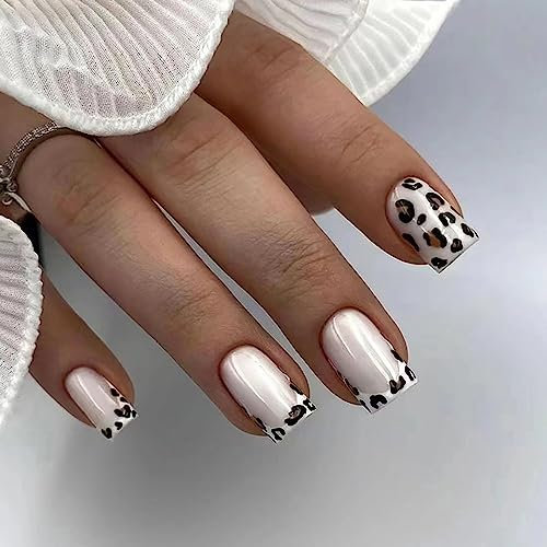 24pcs French Tip False Nails Leopard Print Stick on Nails White Square Press on Nails Removable Glue-on Nails Full Cover Fake Nails Women Girls Nail Art Accessories