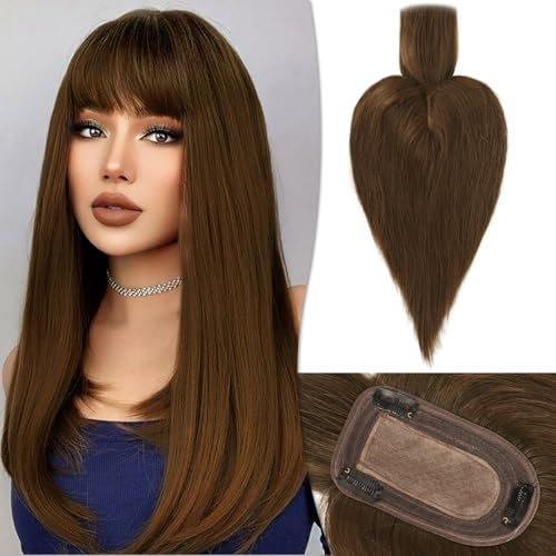 RUWISS Echthaar Hair Topper für Frauen Krone Toppers With Pony Kurze Perücken Haarteile für Dünnes Haar 7.5 * 13CM Silk Base 100% Echtes Menschliches Haar Clip in Topper 35 CM 45g (Mittelbraun)
