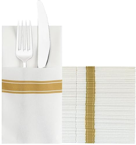 KMAKII Pocket Napkins,Disposble Cloth Like Napkins Built-in Flatware Pocket,Wedding Party Linen Feel White Napkin, Prefolded for Silverware,Pack of 100