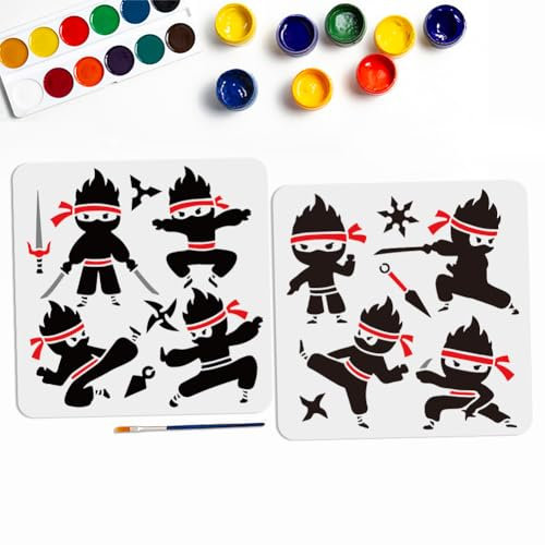 MAYJOYDIY Ninja-Schablonen mit Malpinsel, wiederverwendbar, Kampfkunst, 30 x 29 cm, 8 Stück, für Holz, Leinwand, Papier, Stoff, Wanddekorationen und Bastelarbeiten