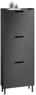 SoBuy Schuhschrank schmal mit 3 Klappen Platzsparender Schuhkipper Hoch Kommode Schuhregal geschlossen Flurschrank für Diele, Flur 50x129x19cm Schwarz FSR151-H-SCH