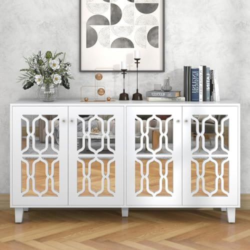 KOMHTOM Armoires de cuisine blanches avec 4 portes, buffet miroir, séparateurs amovibles, buffet pour cuisine, salle à manger, salon