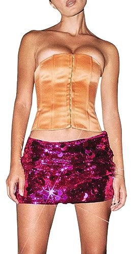 Edhomenn Minigonna scintillante da donna, tinta unita, lucida, a vita alta, corta, gonna aderente con paillettes, per feste e discoteche, 03 Rosa Rosso, M