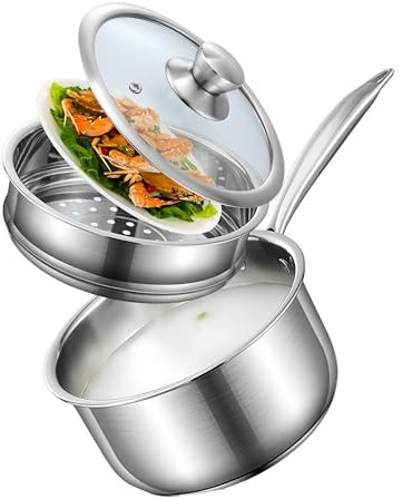 KANGXW 2.5 Qt Stainless Steel Saucepan，Double Boiler Steamer Basket With Glass Lid ，Multifunction Steamer Pan，Pasta, Vegetables, Sauces, Gravy Steamer Pot