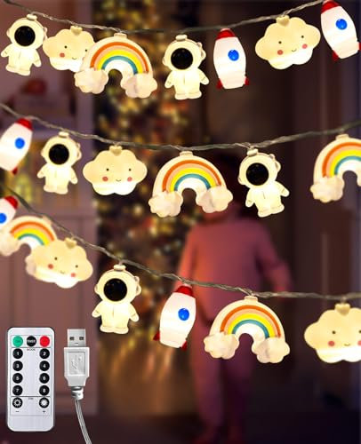 AceList Kinder Lichterkette, 3M 20 LED Lichterkette kinderzimmer Mit Batterie und Timer USB, Warmweiße 8 Modi Lichterkette Astronaut Rakete Wolken Regenbogen für Kinderzimmer, Geburtstagsparty Dekor