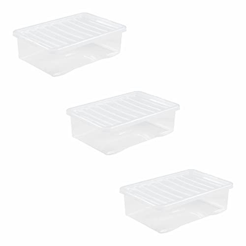 M1SS (Pack of 3 32L Litre Clear Plastic Storage Box With Lids Home Office Stackable Nestable Container Made in U.K