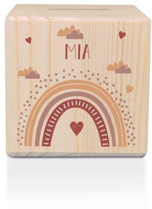 GRAVURZEILE Spardose aus Holz - Regenbogen - mit Namen personalisiert - Personalisierte Geschenke für Mädchen & Jungen zum Geburtstag Kommunion Einschulung Weihnachten - Geschenk für Kinder - Rot
