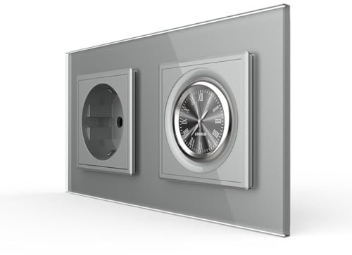 Livolo Steckdose + Uhr Einbausteckdose Wandmontage Unterputz Einbau Schuko Buchse Analoge Einbauuhr römisches Ziffernblatt Design Stecker Wanduhr im Glasrahmen grau VL-CL/C1EU-15