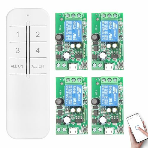 DieseRC 4x 1 Kanal WIFI Intelligenter Schalter mit 1x Bluetooth-Sender, DC 5V 12V 24V 36V Passiver Ausgang Relai Modul Trockener Kontakt Ewelink APP kompatibel mit Alexa/Google Home