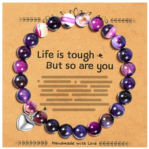 PHOGARY Lila Perlenarmband Damen, Edelstein Heilsteine Armbänder Damen 8mm, Amethyst Naturstein Perlen Armband Yoga Armband, Positive Geschenke für Frauen, Mädchen, Mama, Beste Freundin