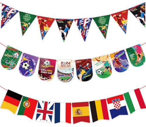 Lot de 3 fanions de football européen 2024 - Décorations de fête pour la maison, le bureau, l'école, le bar, les fans, les clubs, les restaurants, le jardin