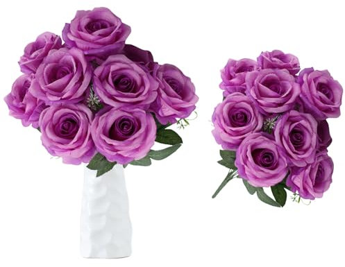 astylishome Roses Artificial Flowers 10 PCS Fake Flower with Long Stem Blooms Rose Wedding Bridal Bouquet Arrangement Home Decoration Party Centerpieces Purple 1215