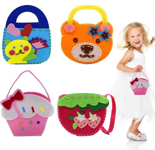AffeGifts Filz Nähset Kinder, 4-Pack Handtasche Kinder Nähset Nähen Diy Pädagogische Diy Bastelset Süße Filztasche Mein Erstes Geschenke für Mädchen