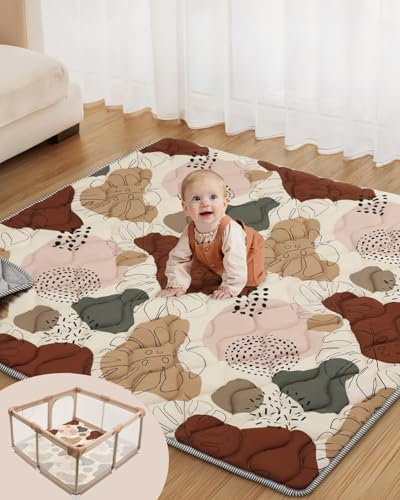 Lambluefly Alfombra Bebe Acolchada Plegable, Alfombra Bebe 127x127cm, Antideslizante, Lavable en la Lavadora, Plegable Colchoneta Bebe Suelo Habitacion, Alfombra Juegos Bebe, Diseño de Estilo Bohemio