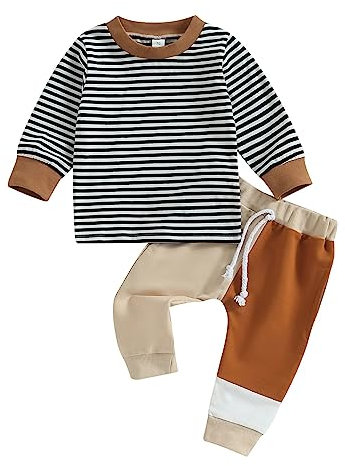 Uwdiohq Day Prime 2024 Kinder-Outfit, weiche Baumwolle, warm, Rundhalsausschnitt, gestreift, Patchwork-Ärmel, Rundhals-Top und farbblockierte Hosen, Kleidungsset für oder Mädc Mein Bestellung Sale