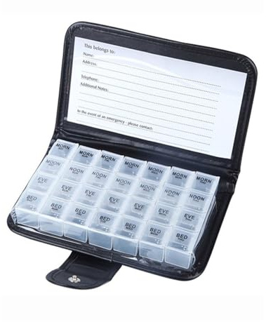 Wöchentliche Pillendose, AM/PM 7 Tage Medizin Organizer Schwarz Leder Brieftasche Tablet Aufbewahrung Halter für Medikamente, Nahrungsergänzungsmittel und Vitamine (28 Fächer)