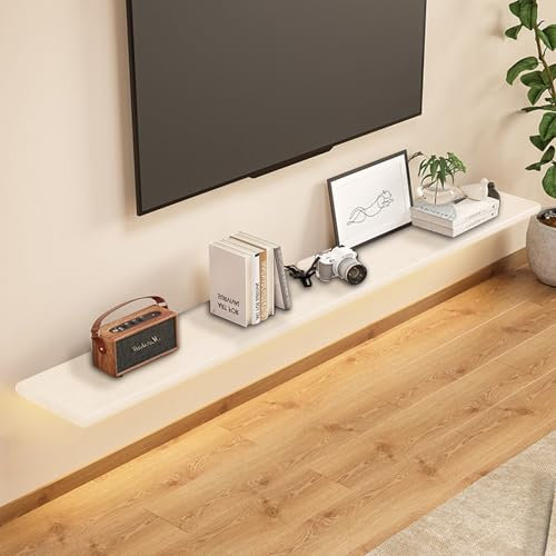 Meuble TV Suspendu avec Lumière LED - Meuble Tele Bois Massif Etagere Flottante Murale avec Passe-Câbles Etagere Murale TV pour la Maison et Le Bureau,Blanc,24×120cm(10×47in)