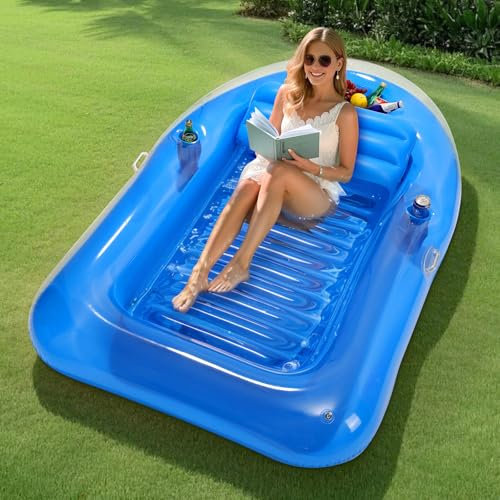 MoKo Aufblasbar Solarium Pool Luftmatratze, Pool schwimmt Erwachsen Boot mit EIS Bar und Becherhalter, 78 x 49 Große Sonnenbaden Luftmatratze, Solarium Pool mit Kissen für Wasser Party, Blau