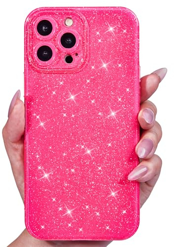 Svanove for iPhone 12 Pro Max Case Glitter, Sparkly Girly Cute Bling Sparkle Shiny Shimmer Bright Phone Case for Women, Glittery Thin Slim Jelly Soft Silicone Rubber Gel Plastic Cover, Neon Hot Pink