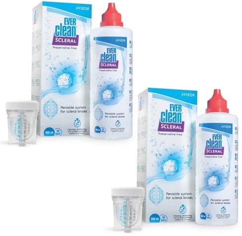 Avízor Ever Clean Scleral 2x300ml - Cleaning Solution for Scleral Lenses | Total Disinfection | Povidone Lubrication | Preservative-Free | Includes 60 Tablets and Lens Case