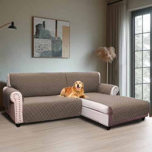 BellaHills Sofaüberzug Wasserabweisend rutschfeste Sofaüberwurf Abnehmbar mit Armlehnen Taschen und Gummiband Chaiselongue Rechte (205CM) Taupe