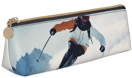 HEBSDFG Federmäppchen und Kosmetiktasche, dreieckig, mit Ski-Aufdruck, PVC-Leder, mit Reißverschluss, Organizer für Schule, Büro, Reisen, stilvolles Geschenk, weiß, Einheitsgröße, Schulranzen