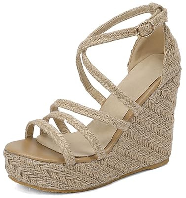 PZUYBZQ Sandalias De Cuña para Mujer, Sandalias Vintage De Verano con Plataforma Tejida De Paja De 4,7 Pulgadas, Zapatos Destalonados con Tiras Cruzadas En El Tobillo(41 EU)