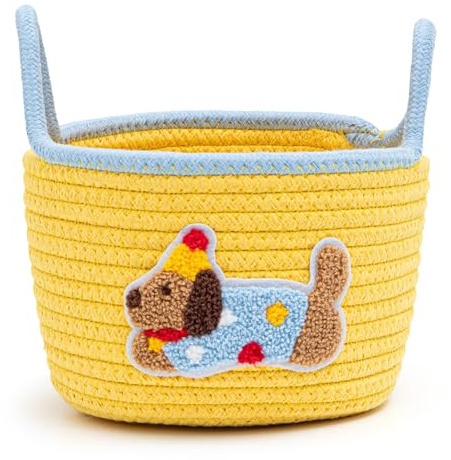Lianxuia Cute Dog Toy Storage Basket with Handle, Soft Woven Cotton Rope Storage Basket, 12.6 x 8.3in baby Shower basket Organizer for Towels, Blanket, Toys, Clothes, Gifts