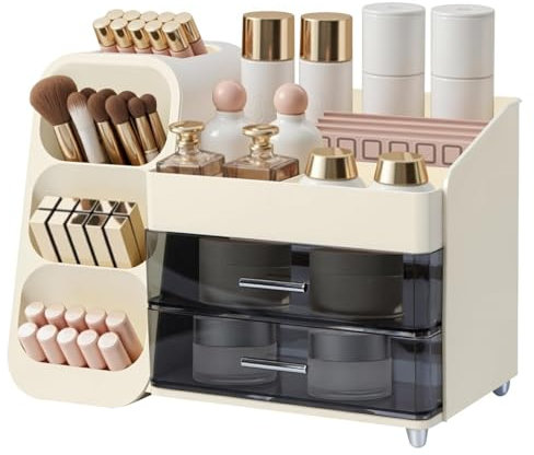 Yieseang Makeup Organiser for Dressing Table with Brush Holder,Skincare Organiser with Drawers,Vanity Organizer for Bathroom,Desk,Countertop,Cosmetics Storage Box for Beauty Essentail,Cream