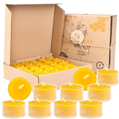BeesWax World Teelichter aus 100 % natürlichem Bienenwachs | 10-50-teiliges Set mit stabilen Dochten | Ø 37 mm | 4 Std Brenndauer – Metall | Transparent | Weiß – Allergiefrei (Transparent, 50)