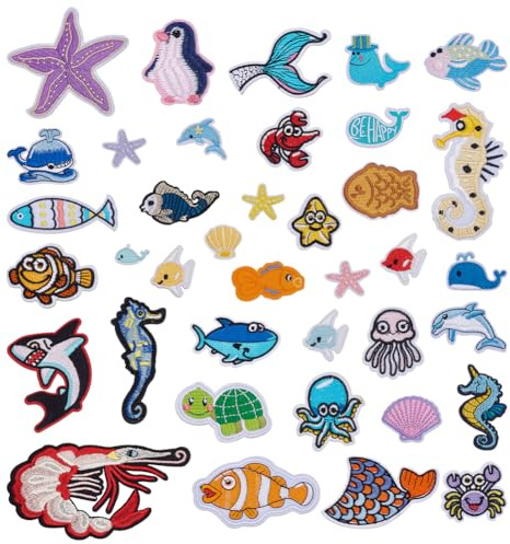 WADORN 38 Stück Aufnäher Mit Meerestieren, Aufnähen Delphin Seepferdchen Seestern Aufnäher Küsten Ozean Dekorative Chenille Stickerei Applikation Für Kleidung Kleider Hüte Jeans