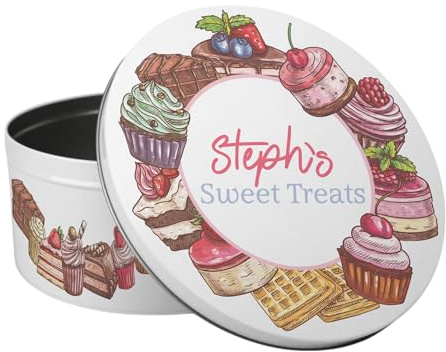Purely Home Personalised Sweets Cake Tin - Cupcakes & Brownies Baking Gifts - Large Round Metal Storage Container for Kitchen 23 x 10cm