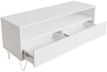 Luxury High Gloss White TV Stand Cabinet | Modern Entertainment Unit with 2 Drawers & Open Shelf | Durable Media Console with Gold Metal Legs | 120cm Wide